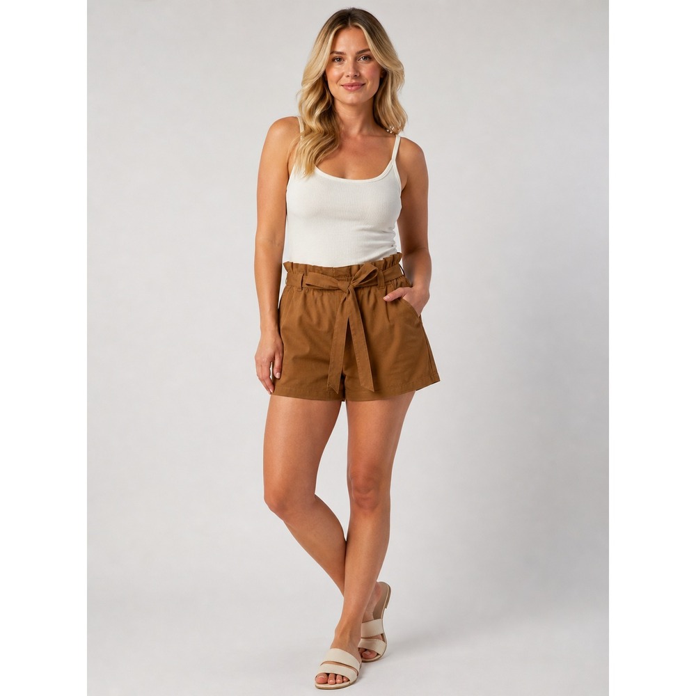 Candace Cameron Bure Camel Brown Paperbag Waist Tie Shorts Petite Large LP